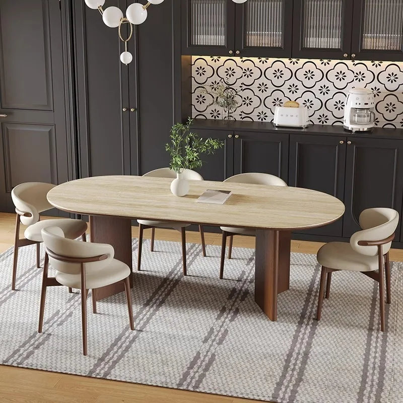 Medieval style solid wood rock slab dining table and chair combination small apartment household French retro oval new dining ta