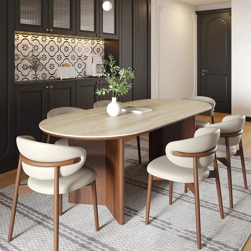 Medieval style solid wood rock slab dining table and chair combination small apartment household French retro oval new dining ta